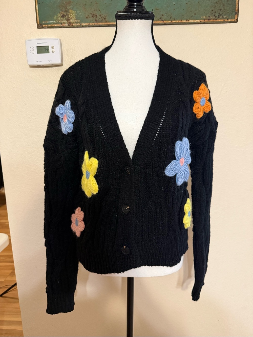 New In Black Hand Made Flower Applique Black Knit Cardigan Medium Button Up BOHO
